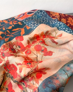 Detailed macro view of herringbone silk scarf with paisley and floral prints