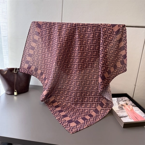 Silk square scarf featuring brown herringbone pattern and large FF monogram print