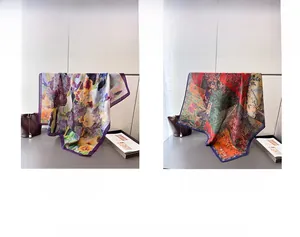 Detail view of double-sided herringbone silk scarves with luxury floral art prints