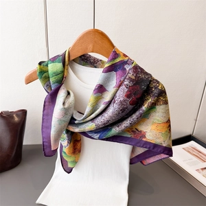 Elegant herringbone silk scarf with oil painting print and purple rolled edges