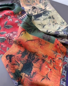 Macro detail of twill weave texture and classical Chinese lady portrait on silk scarf