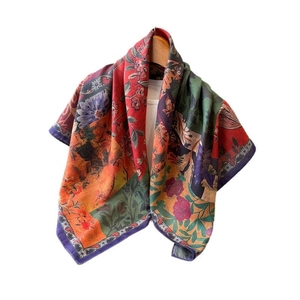Retro floral print silk scarf featuring multicolor sunflower and rose pattern shawl