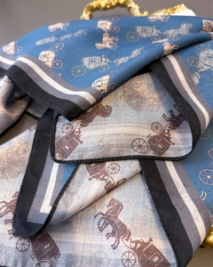 Detailed close-up showing the twill silk texture and vintage carriage print on a blue scarf