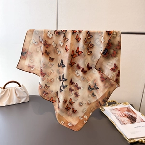 Elegant Butterfly Feather Print Square Scarf Satin Like Polyester Herringbone Sun Protection Fashion Wrap Women