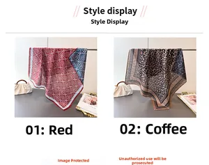 Detail view of double-sided silk scarves featuring red geometric and coffee leopard patterns