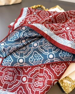 Detail of silk scarf showing traditional Chinese cloud patterns and FU character motifs