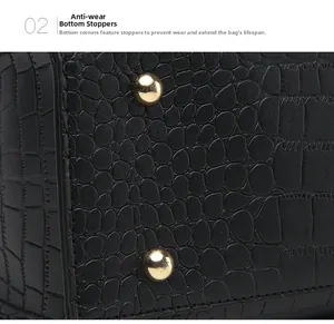 Detail of crocodile embossed leather handbag base with protective gold metal feet studs