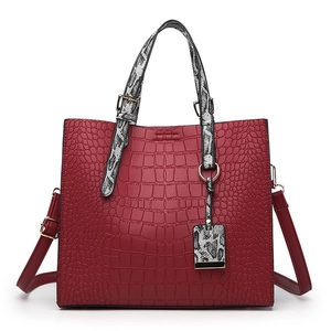 Dark red crocodile texture bucket bag with snake pattern handles and gold hardware