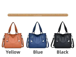 Three-piece tote bag set in yellow, blue and black lychee grain synthetic leather
