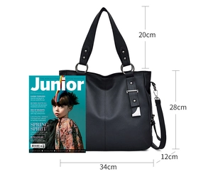 Detailed dimensions of black pebble leather tote bag with 34cm width and 28cm height