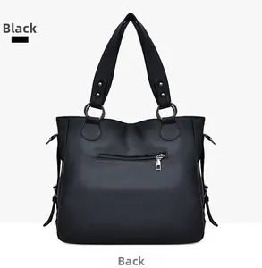 Rear view of black PU leather shoulder bag with lychee texture and back zipper pocket