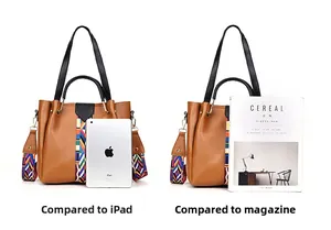 Brown faux leather tote bag size comparison with an iPad and a magazine