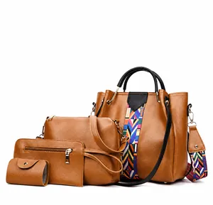 Brown lychee leather 4-piece handbag set with large tote and woven ribbon strap