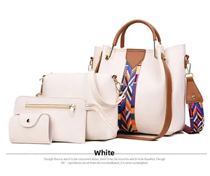 White four-piece women handbag set including tote and crossbody bag with colorful straps