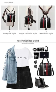 Black leather convertible backpack with colorful stripes shown in three carrying styles