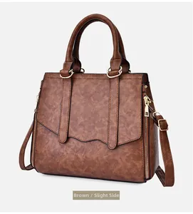 Detail view of large brown retro PU leather tote bag with gold hardware and side zipper