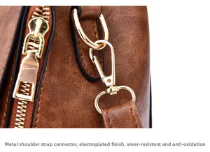 Close-up of litchi texture brown leather bag with gold hardware and zipper detail