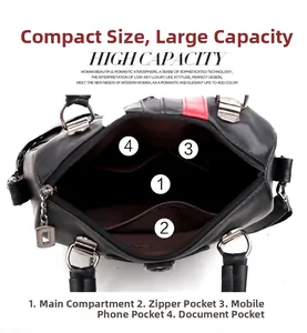 Top view of black leather bag interior showing compartments and dark brown lining