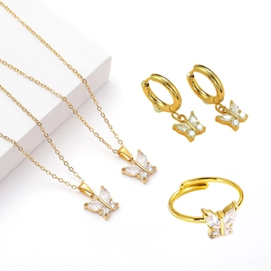 Gioielli Collana Orecchini E Anello Farfalla Acciaio Al Titanio Placcato Oro 18K Zircone Intarsiato Moda Elegante Accessorio Donna