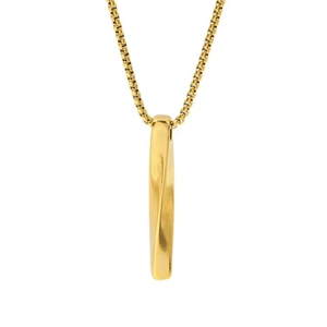 Close-up of twisted golden rectangle pillar pendant with sleek stainless steel box chain