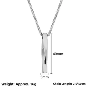 Detail view of a 40mm twisted stainless steel bar pendant on a box chain with dimensions