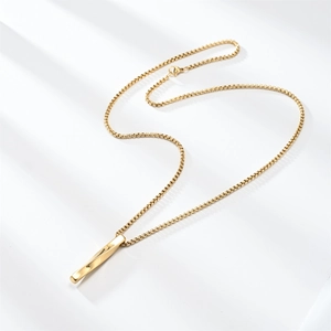 Modern gold-plated titanium steel necklace with a unique twisted long bar pendant design
