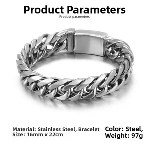 Detail view of 16mm stainless steel Cuban link bracelet with secure square clasp closure