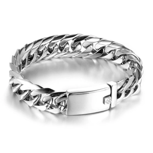 Polished stainless steel double-woven Cuban link bracelet with large rectangular clasp