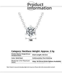 Détail du zircon 3A 7mm avec serti classique à six griffes sur collier en acier titane