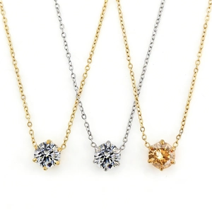 Collier Solitaire Élégant Zircon Serti Six Griffes Taille Ronde Plaqué Or 18K Acier Inoxydable Bijoux Pour Femmes