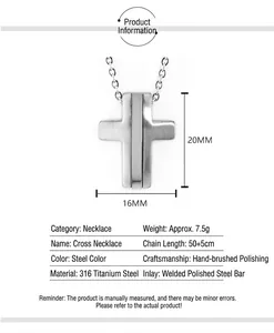 Detailed specs of 316L titanium steel cross pendant necklace with 50+5cm chain size