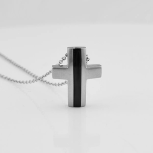 Fashion minimalist cross pendant necklace with brushed steel finish and black inlay