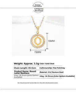 Detailed specs of a 15mm round 316 stainless steel necklace with zircon letter O