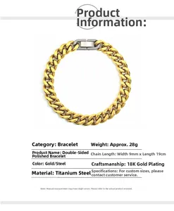 Detail of 9mm 18K gold plated titanium steel Cuban link bracelet with square buckle