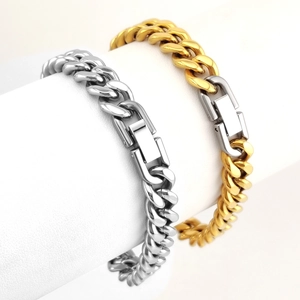 Men's titanium steel Cuban link bracelet in gold and silver with rectangular clasp