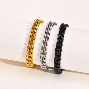 Mens stainless steel Cuban link bracelets in gold, silver, and matte black finishes