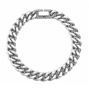 Polished silver stainless steel Cuban link bracelet with a secure square box clasp
