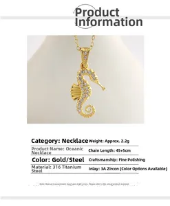 Detailed view of seahorse pendant necklace in 316 stainless steel with 3A zircon stones