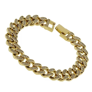 13mm iced out Cuban link bracelet in gold finish with dense rhinestone pavé