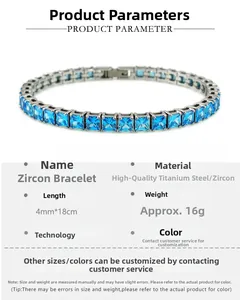 Detail-Spezifikationen von 4mm Tennisarmband mit blauen Zirkonia aus Titanstahl