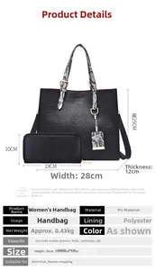 Detail view of black crocodile pattern tote bag set with snakeskin handles and dimensions
