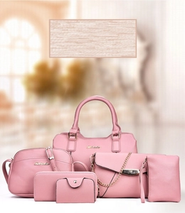 Pink 6-piece handbag set featuring tote, crossbody, wallet and textured pebble faux leather