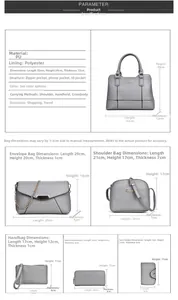 Size guide for grey PU leather 6-piece handbag set showing specific bag dimensions