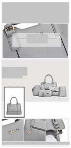Detail view of 6-piece grey pebbled leather handbag set with gold hardware and logo