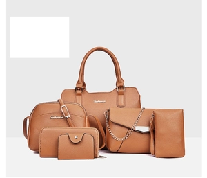 Detailed six-piece set of caramel brown pebble faux leather handbags and wallets