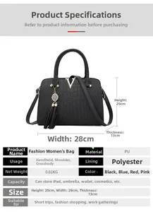 Detailed size chart and inner capacity of black crocodile textured PU leather handbag