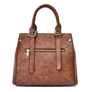 Brown vintage faux leather tote bag with front zipper and golden hardware on white background