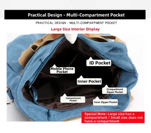 Detailed interior of blue canvas tote showing compartments and zipper pockets for organizing