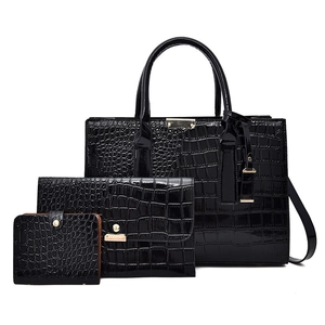 Ensemble de 3 sacs à main noirs motif crocodile avec pochette et portefeuille chic