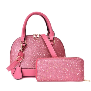 Pink sequin two-piece shell handbag set with star patterns and gold hardware